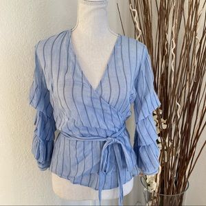 Bar III Blue Stripped Wrap Top Ruffle Sleeve Small